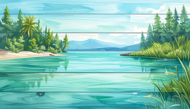 A serene lake scene painted on a light teal wooden plank background, showcasing a tranquil shoreline with lush greenery and towering pines.
