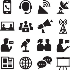 Communication and Technology Icons in Black and White Silhouette phone headset