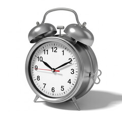 A silver alarm clock with bells on top and a white face sitting on a white surface with a shadow