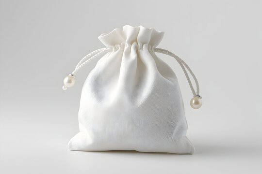 Elegant white pouch with pearled drawstring on soft background perfect for jewelry
