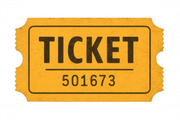 Yellow generic ticket numbered 501673, representing event access, entertainment against transparent backdrop