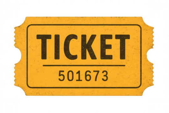 Yellow generic ticket numbered 501673, representing event access, entertainment against transparent backdrop