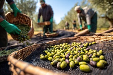 Olive Harvest Gathering Fresh Fruit in Orchard.