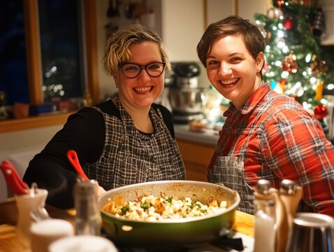 Photo of an LGBTQ+ couple cooking a holiday meal in the kitchen, smiling and relaxed - Powered by Adobe