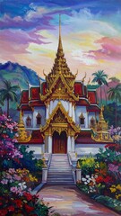 Fototapeta premium Temple in a garden setting, colorful sunset