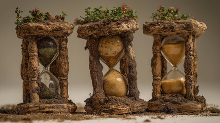 Fototapeta premium Three Decorative Hourglasses With Soil And Plants
