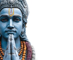 Close-up of a serene, blue-toned statue of a deity, featuring clasped hands and intricate details, set against a plain white background.