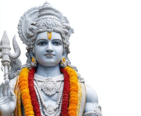Detailed close-up of a serene statue of a Hindu deity, showcasing intricate carvings and vibrant floral adornments against a plain white background.