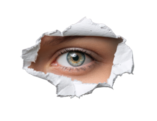 Woman's eye peeking through a torn paper hole