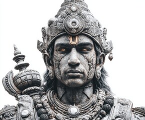Close-up portrayal of a meticulously detailed, gray-toned figure, adorned with intricate carvings and embellishments, evoking a sense of ancient artistry and strength.