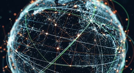 Digital globe with glowing nodes connected by lines depicting data flow and global network connectivity. Concept for telecommunications infrastructure, international relations and scientific