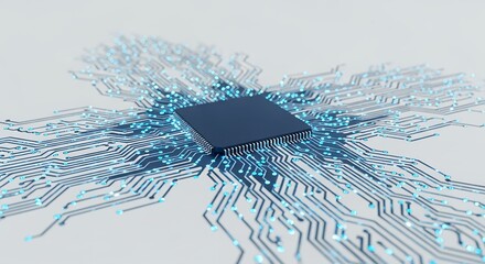 Close up of a computer chip with glowing blue circuit traces on a white background. Concept for artificial intelligence, data processing and quantum computing