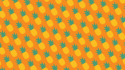 A fun and seamless pineapple pattern on a bright orange background. This tropical fruit vector is perfect for summer designs, fabric, and wrapping paper