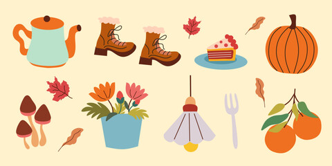 Autumn vector elements set. Cozy fall stickers. Leaves, pumpkin, flowers, shoes, orange, pie, drink, lamp, maple. Hello fall isolated background. Illustration in cartoon hand drawn style.