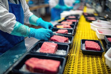 Food industry worker packing fresh raw beef steaks on a production line.