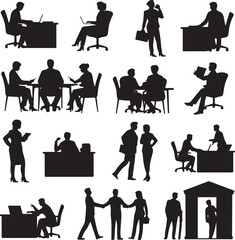 Collection of black silhouette icons illustrating business meetings and office work scenes