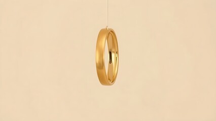 Three golden wedding bands suspended vertically against a soft beige backdrop.