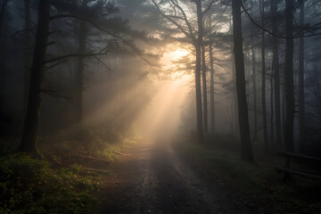 Obraz premium Ethereal Light Piercing Through Misty Forest Canopy Creating a Mystical Woodland Atmosphere