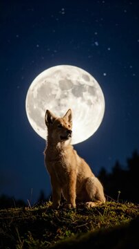 Portrait of a dog looking away silhouetted against the bright full moon on a clear night sky with starry sky,  atop a small grassy hill.