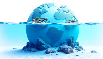 Blue Earth Globe Surrounded by Rocks and Plants in Water with Clear Sky