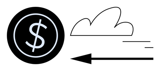Dollar coin alongside swift-moving arrow and cloud, symbolizing financial transactions, progress, currency flow. Ideal for finance, banking, investment, growth, money transfer speed simple landing