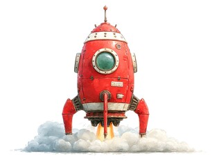 Fototapeta premium A vibrant red retro rocket ship with silver accents blasts off leaving a trail of fluffy white smoke below.