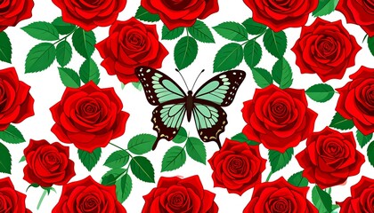 Fototapeta premium Red roses and a butterfly pattern