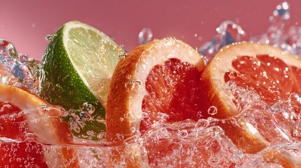 Vibrant slices of lime and grapefruit creating splash in a refreshing sparkling water on a pink background.