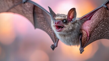 Obraz premium Close-up of a bat in flight, wings outstretched against a soft, sunset-like backdrop