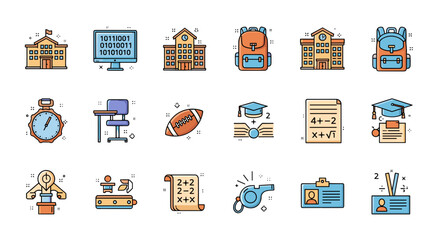 Collection of school related icons including buildings and gear