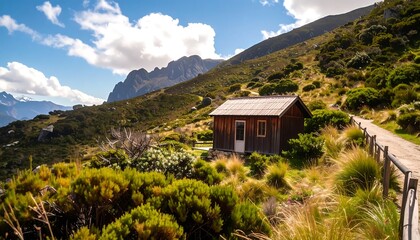 Mountain hut nestled in a scenic valley