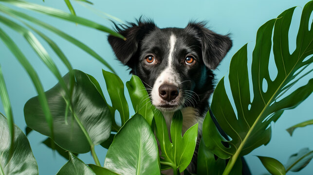 Cachorro fofo espreitando entre folhas verdes