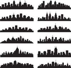 Fototapeta premium Diverse collection of black city skyline silhouettes on white background urban architecture
