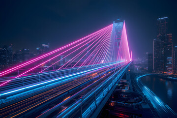 Futuristic metropolis skyline illuminated by neon lights and modern bridge architecture design