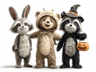 Obraz premium Three adorable cartoon animals dressed up for Halloween standing together on a white background scene image.