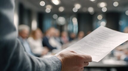 Medium shot focused on athletes hand stressing key points on a document blurred face and meeting room behind emphasizing critical compliance points during briefing.