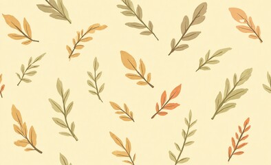 A beautiful art pattern featuring various stylized leaves and small branches in earthy autumn tones scattered across a warm background.