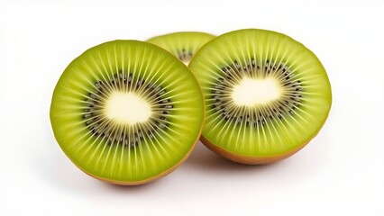 Fototapeta premium Fresh kiwi fruit cut in halves on a white background in clean food presentation.
