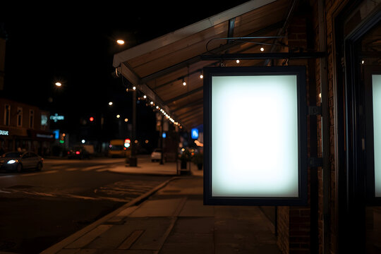 Illuminated sign hanging on a building in a vibrant urban environment at night providing advertising space - Powered by Adobe