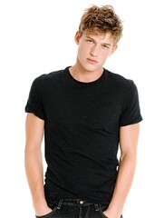 Fototapeta premium Handsome young man with curly blond hair poses confidently against a clean white backdrop in casual attire.