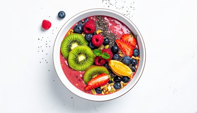 Smoothie bowl vibrant colors fresh fruit healthy breakfast top view clean white surface nutritious start