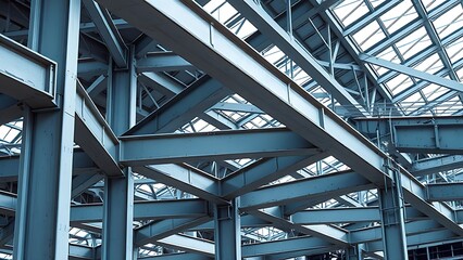 Industrial metal beams forming an abstract geometric composition in a construction setting with cool steel tones.