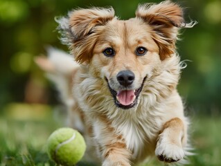 A happy golden dog runs through the green grass toward the camera with a tennis ball on a sunny day.