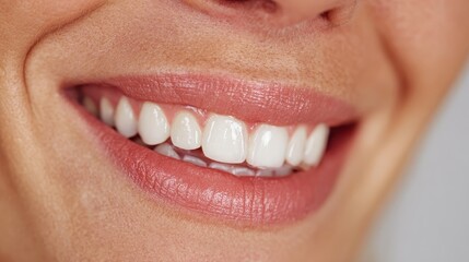 Obraz premium Smiling woman shows off perfect, white teeth and healthy pink lips. Useful to promote dental care, cosmetic dentistry, and oral hygiene.