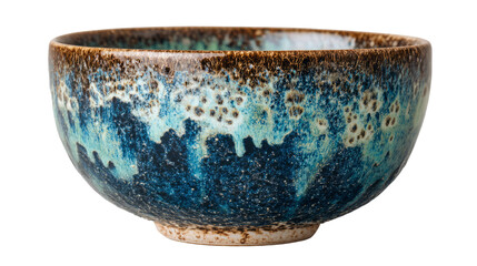 Beautiful ceramic bowl with a unique blue and brown glaze, showcasing intricate textures and artistic craftsmanship, perfect for decorative or functional use. on a transparent background