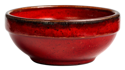 Vibrant red ceramic bowl showcasing a glossy finish and unique speckled texture, perfect for serving food or decorative purposes in any setting. on a transparent background