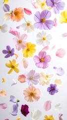 Fototapeta premium A vibrant array of colorful cosmos flowers and petals floats gracefully against a light background, showcasing a delicate and cheerful springtime aesthetic.