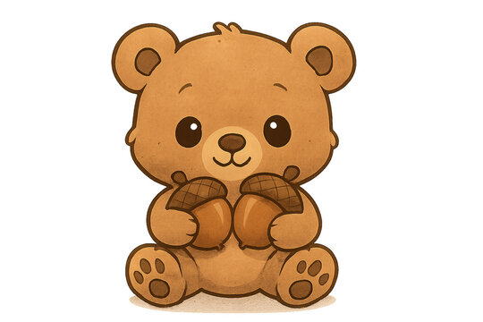 Ador&aacute;vel urso de desenho animado segurando bolotas, perfeito para designs com temas de outono e natureza