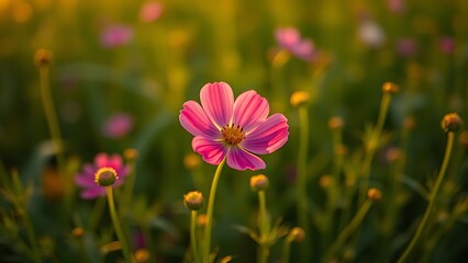 Fototapeta premium A vibrant cosmos flower blooming in a sunlit green field, radiating natural beauty and tranquility.
