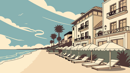 Obraz premium Beachfront Resort Illustration Tropical Vacation Summer Holiday Coastal Scene Ocean View Relaxing Getaway Seaside Paradise Summertime Travel Holiday Vacation Paradise Mediterranean Style Beach Umbrel.